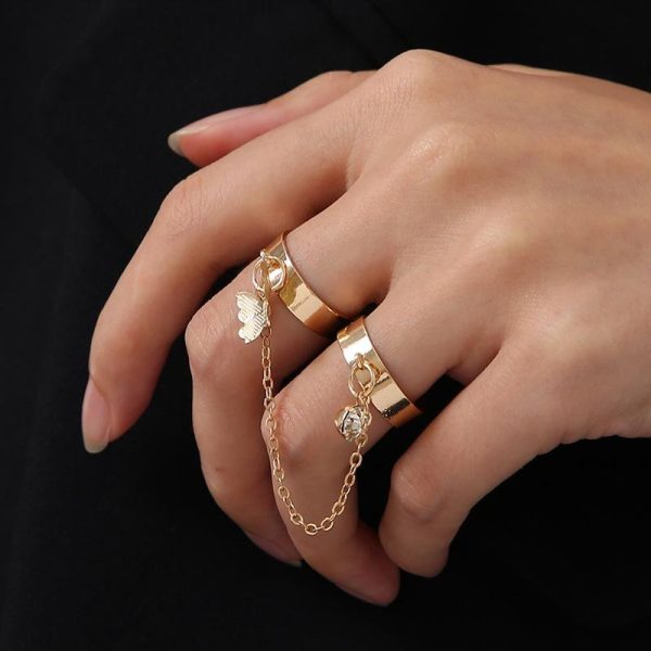 2 Finger Gold Butterfly Rings | Trendy Butterfly Pair Rings Set | Gold Plated Stainless Steel | Adjustable Size