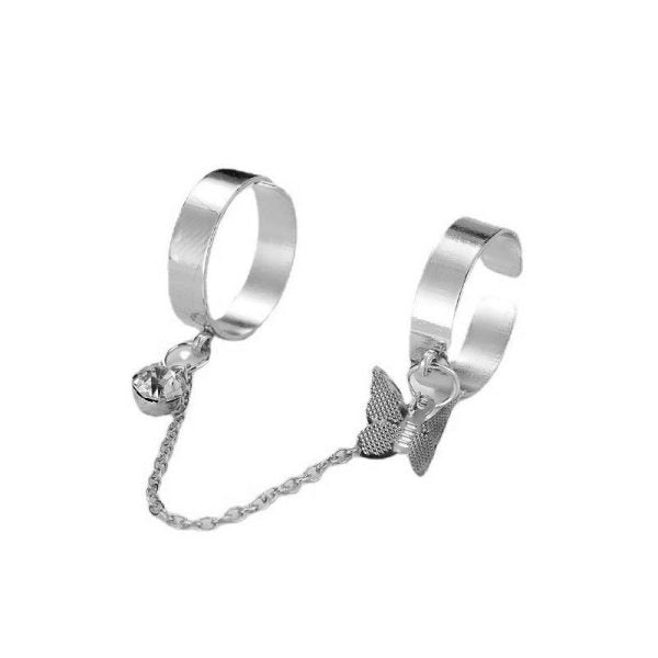 2 Finger Silver Butterfly Rings | Trendy Butterfly Pair Rings Set | Silver Plated Stainless Steel | Adjustable Size