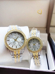 Iik Couple Diamonds Stone Watch Stainless Steel Round Chain Analog Wrist Watch For Men & Women