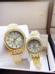 Iik Couple Diamonds Stone Watch Stainless Steel Round Chain Analog Wrist Watch For Men & Women