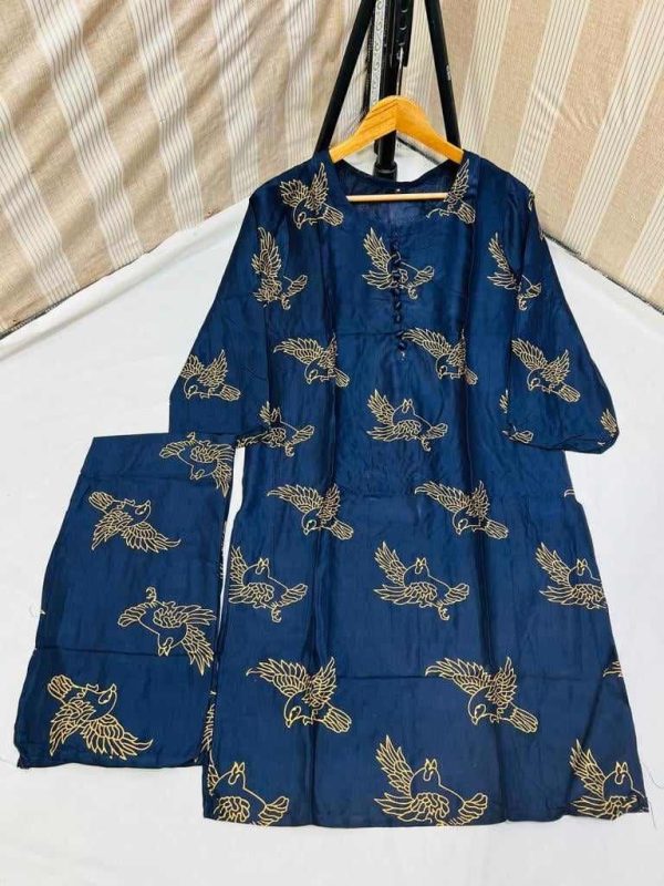 ( Navy Blue ) Sparrow Block Print Stitched Suits Casual Wear For Girls (lilen)