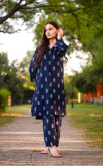 ( Nevy Blue) Saleha Design Block Print Stitched Suits Casual Wear For Girls (summer Lilen)