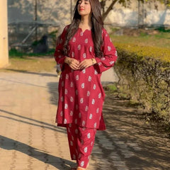 ( Mahroon ) Saleha Design Block Print Stitched Suits Casual Wear For Girls (summer Lilen)